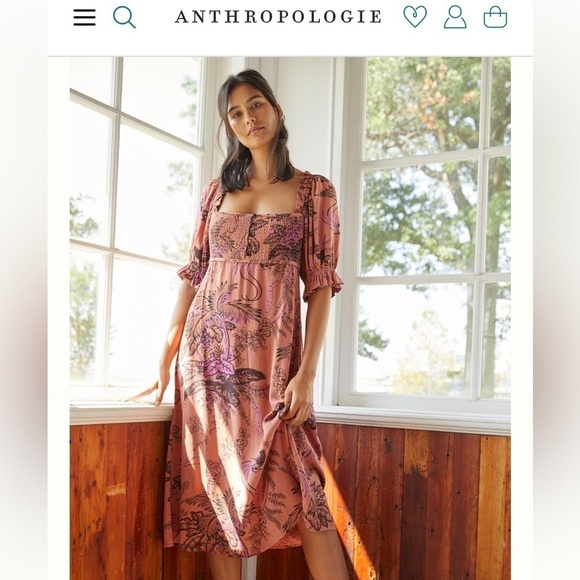 Anthropologie Maeve Birdsong Smocked Puff Sleeve Midi Dress Pink Birds Size M - Picture 9 of 16